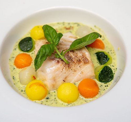 Steamed Seabass with Pearled Vegetables and Basil Cream Sauce